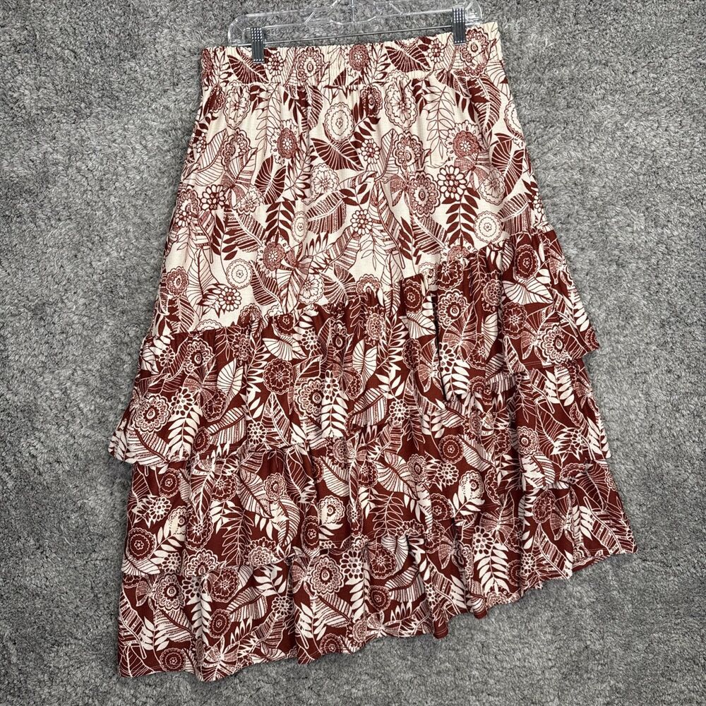 Cato Floral Tiered Ruffle Midi Skirt Pull On Ivory Burnt Orange Large Asymmetric